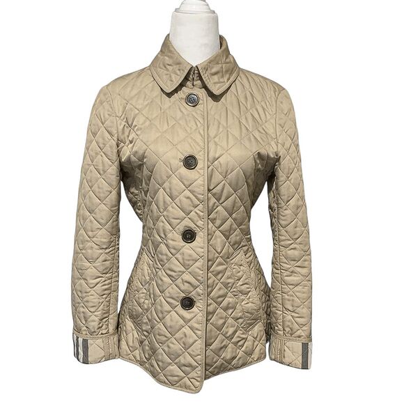 Burberry Brit Women’s Small Beige Quilted Jacket Nova Check Cuffs Classic Coat - Picture 3 of 13